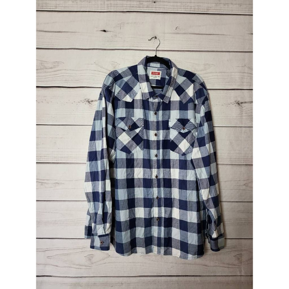 Wrangler Mens Button-Up Shirt Blue White Checkered Long Sleeve Pocket Knit 2XL - Picture 1 of 5